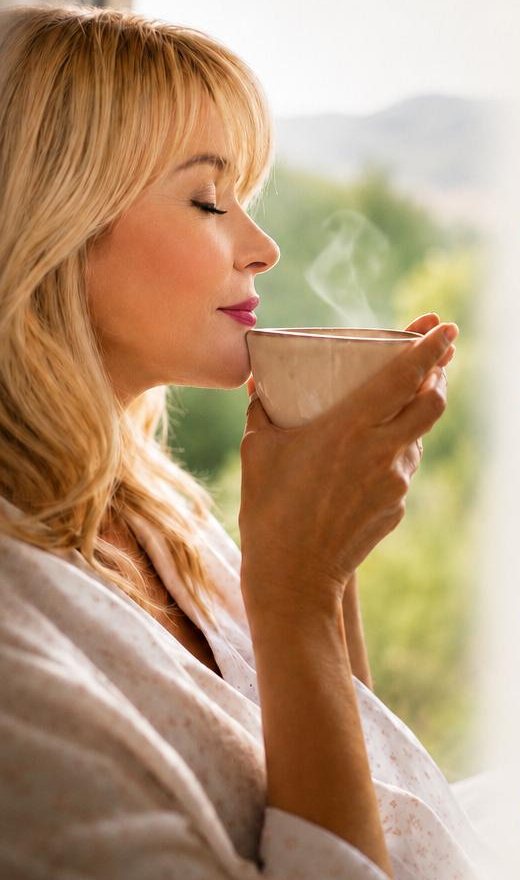 Ana disfrutando de una taza caliente junto a la ventana