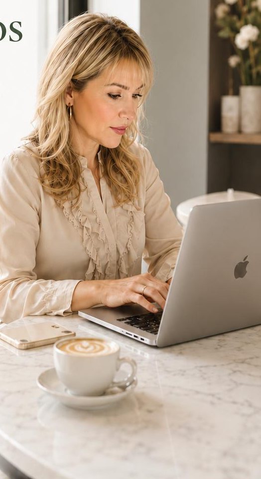 Ana trabajando con el portátil y un café